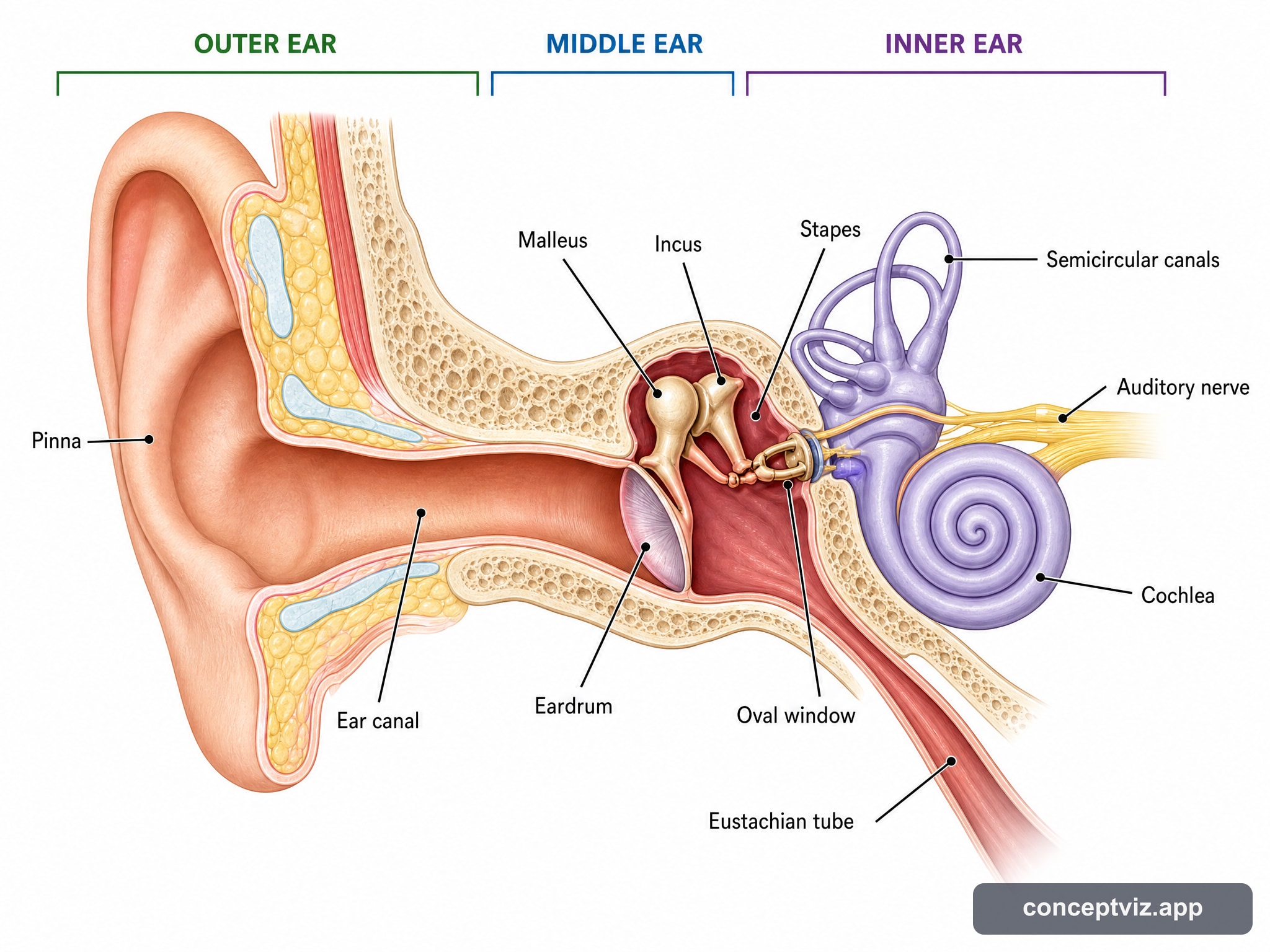 Clinical Ear Anatomy Diagram showing Outer Ear, Middle Ear, and Inner Ear structures evaluated during audiology testing